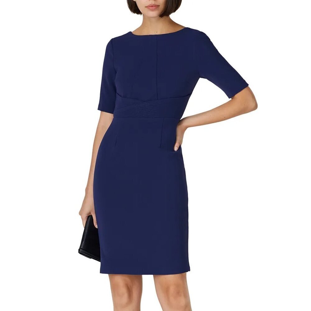 Toccin NY Bateau neckline shift dress navy blue exposed zipper short sleeve 14